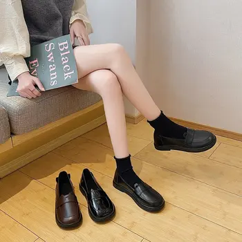 Sólido de Cuero de Oxford Zapatos de las Mujeres Zapatos de Mujer Nuevo Deslizamiento en la Plataforma de los Zapatos de las Mujeres Ronda Toe Tacones de Zapatos Casuales de Más Tamaño