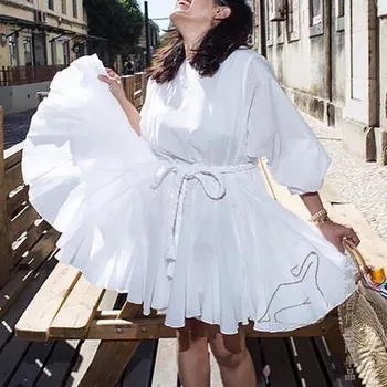 CHICEVER Blanco Verano Vestido de las Mujeres O el Cuello de la Linterna de la Manga Cintura Alta Vendaje Mini Delgado Plisado Vestidos de Mujer 2020 Moda Casual