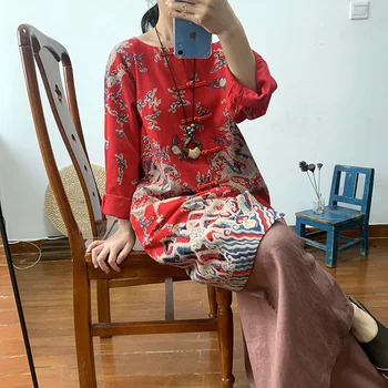 Estilo chino del dragón de impresión de algodón y cáñamo capa femenina de la primavera y el otoño retro estilo Chino de la hebilla de lino fuera