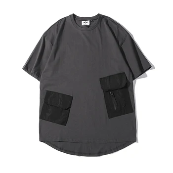 Nuevos Hombres negro blanco gris Extendido Dobladillo Curvo Multi-bolsillo de manga Corta camiseta de Verano de Hip Hop de gran tamaño de Algodón Macho Tee Camisetas