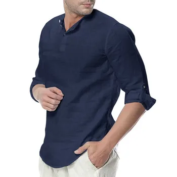 2019 Nueva de los Hombres Casual, camisas de Lino Mandarín Macho Collar de Cuello V de Ropa de cama de Algodón de la camisa Tops de Primavera, de Otoño de Manga Larga camisas de Lino