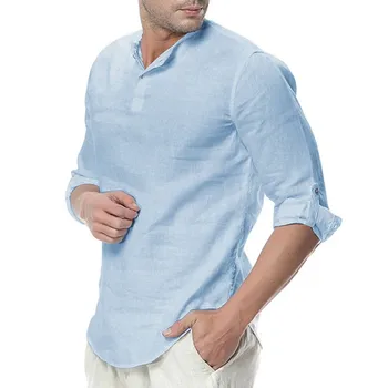 2019 Nueva de los Hombres Casual, camisas de Lino Mandarín Macho Collar de Cuello V de Ropa de cama de Algodón de la camisa Tops de Primavera, de Otoño de Manga Larga camisas de Lino