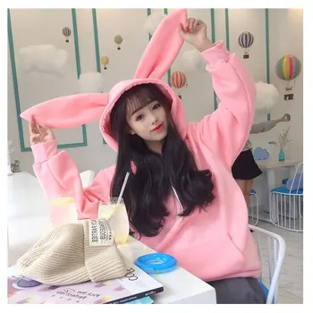 2020 Harajuku Kawaii Sudadera Con Capucha Gato Oído Sweatershirts Estilo Coreano Flojo Estudiante De La Moda De Coincidencia De Color Casual Mujer Sudaderas Con Capucha De Color Rosa