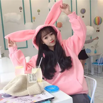 2020 Harajuku Kawaii Sudadera Con Capucha Gato Oído Sweatershirts Estilo Coreano Flojo Estudiante De La Moda De Coincidencia De Color Casual Mujer Sudaderas Con Capucha De Color Rosa