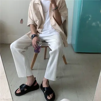 Pliega hacia los Pantalones de los Hombres de Moda de Color Sólido Elástico en la Cintura Pantalones Casuales Hombres Streetwear Suelto Japonés de Hielo de Seda Pantalones para Hombre