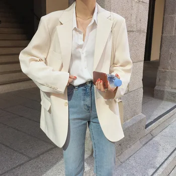 Mazefeng Nueva 2020 sencillo de color blanco cremoso blazer para mujer Primavera verano de la chaqueta de un solo pecho de chaquetas de las señoras chaquetas de traje formal