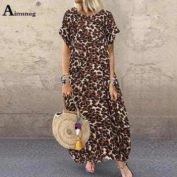 Aimsnug Mujer Elegante Vestido Largo de la Vendimia de la Impresión del Leopardo de la Playa Vestido Suelto 2020 Plus tamaño 5xl Damas de Bohemia Maxi Vestidos Femme