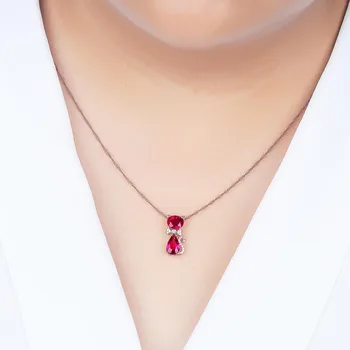 PANSYSEN Lindo Romántico Diseño de Gato de color Rojo Rubí piedras preciosas Colgante de Collares para las Mujeres de los Encantos de la Moda de Plata 925 de la Joyería Collar de Regalos