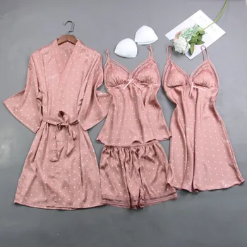 Las mujeres Kimono Túnica Vestido de Satén Dormir Traje de Señora 2020 Nuevas 3PCS Pijama Conjunto de Lencería Íntima Casual de Impresión de ropa de Dormir ropa de dormir