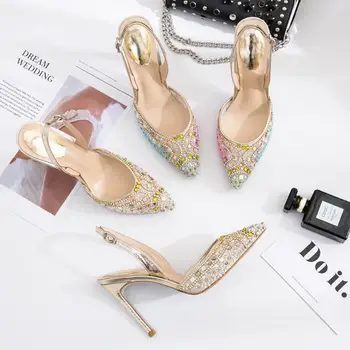 2019 Verano de encaje zapatos de tacón alto zapatos de mujer de colores de diamantes de 10cm finos tacones, zapatos de la boda de una correa de hebilla de gran tamaño de la parte de las bombas