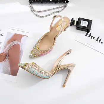 2019 Verano de encaje zapatos de tacón alto zapatos de mujer de colores de diamantes de 10cm finos tacones, zapatos de la boda de una correa de hebilla de gran tamaño de la parte de las bombas