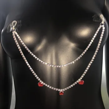 2020 de Lujo de Dos Capas No Traspasado Rhinestone Rojo Colgante Pezón de la Cadena de Abrazaderas para las Mujeres de Cristal Sexy Cuerpo de la Joyería del Cuerpo de las Cadenas de
