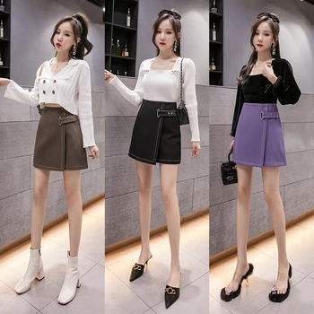 2020 otoño breve mini falda de las mujeres estilo coreano de alta cintura con hebilla de una línea de mujeres faldas cortas irregulares slim mujer faldas faldas