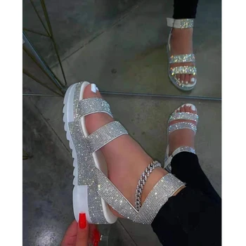 2021 Verano Sandalias de Moda de diamantes de imitación de las Mujeres de los Zapatos de Dedo del pie Abierto Bajo el Talón Sandalias al aire libre Más el Tamaño de 43