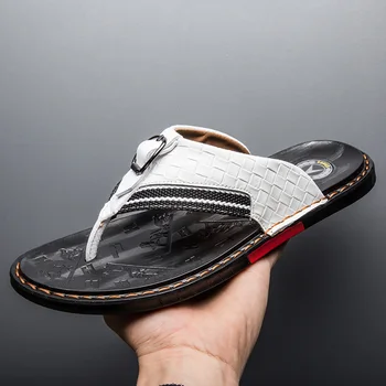 YEINSHAARS Cuero Genuino de los Hombres Zapatillas Zapatos de Playa Hombres Chanclas de Verano Plana Tacones Macho Diapositivas de Lujo de la Mano de Coser los Zapatos de los Hombres