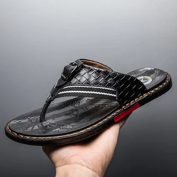 YEINSHAARS Cuero Genuino de los Hombres Zapatillas Zapatos de Playa Hombres Chanclas de Verano Plana Tacones Macho Diapositivas de Lujo de la Mano de Coser los Zapatos de los Hombres
