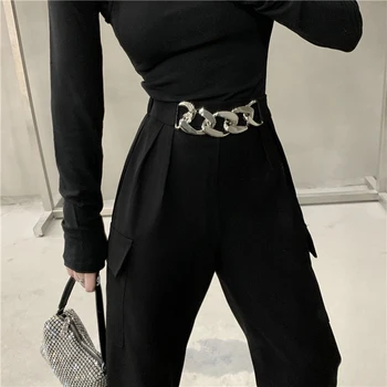La moda de la cadena de cintura alta pantalones casuales mujeres 2020 otoño nuevo coreano casual suelto monos negros todos-partido recortada pantalones KZ868