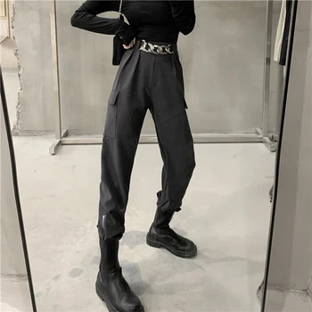 La moda de la cadena de cintura alta pantalones casuales mujeres 2020 otoño nuevo coreano casual suelto monos negros todos-partido recortada pantalones KZ868