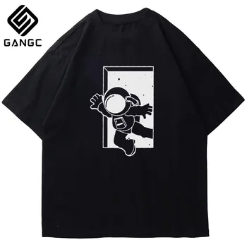 Divertido diseño de Algodón casual de manga corta astronauta impresión de camiseta de los hombres del O-cuello de punto tela de la Vendimia de la calle de los hombres t-shirt