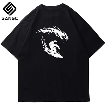 Divertido diseño de Algodón casual de manga corta astronauta impresión de camiseta de los hombres del O-cuello de punto tela de la Vendimia de la calle de los hombres t-shirt