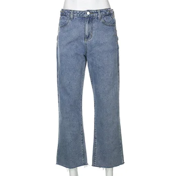 Harajuku Jeans para Mujeres Atar la Cadena Hueca de Alta de la Cintura de los pantalones Vaqueros del Dril de algodón Pantalones de Estilo coreano Boyfriend Jeans Rectos Pantalones