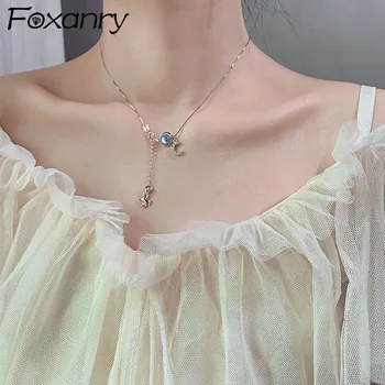 Foxanry 925 de la Plata Esterlina del Encanto del Collar para las Mujeres de Nueva Moda Brillante Luna Unicornio Colgante de Clavícula Cadena de la Joyería de la Novia