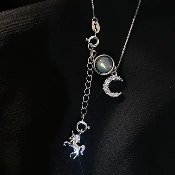 Foxanry 925 de la Plata Esterlina del Encanto del Collar para las Mujeres de Nueva Moda Brillante Luna Unicornio Colgante de Clavícula Cadena de la Joyería de la Novia
