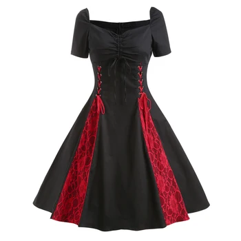 Encaje de Oscilación Grande Gótico Vestido de Primavera, de Otoño de Manga Corta vestido de la Vendimia Rojo Negro Vestido Casual Sexy Vestido de Fiesta Más Tamaño S~4XL