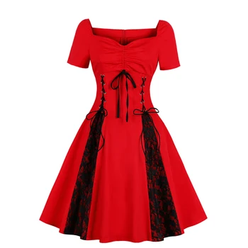Encaje de Oscilación Grande Gótico Vestido de Primavera, de Otoño de Manga Corta vestido de la Vendimia Rojo Negro Vestido Casual Sexy Vestido de Fiesta Más Tamaño S~4XL
