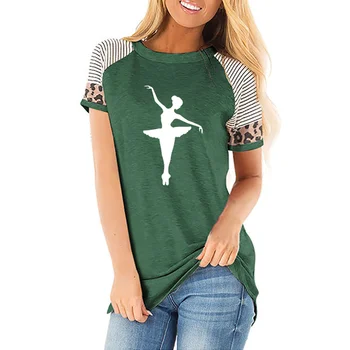 Bailarina de Danza del Ballet de Impresión de la Camiseta de Verano de las mujeres de cuello redondo rayas leopardo patrón de Algodón de manga corta T-shirt para las mujeres