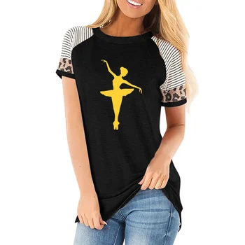 Bailarina de Danza del Ballet de Impresión de la Camiseta de Verano de las mujeres de cuello redondo rayas leopardo patrón de Algodón de manga corta T-shirt para las mujeres