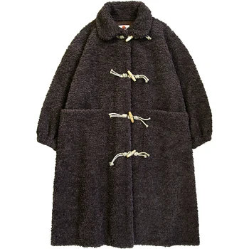 Imakokoni original de las mujeres del diseño de lana Japonés de la universidad de cuerno de hebilla de cordero cabello largo abrigo abrigo