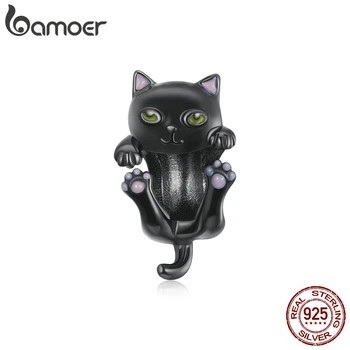 Bamoer Genuino Original de las Mujeres Pulsera de Plata de ley 925 de dibujos animados de gato negro de Metal Encanto para DIY de la Joyería de perlas de BSC404