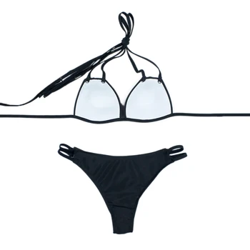 Las mujeres de Moda de Color Sólido de 2 piezas Traje de Baño de Verano-up de Encaje Halter Top de Baja de la Cintura Hueco Thong Bikini Set
