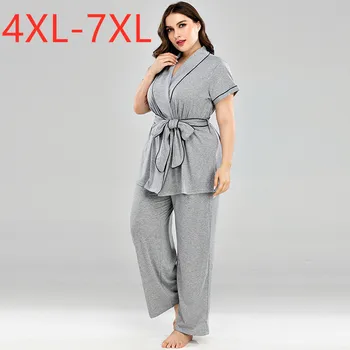 Damas de otoño invierno plus tamaño de pijamas traje de conjunto para las mujeres de gran tamaño de manga corta camisa gris y pantalones casa de desgaste traje 4XL 5XL 6XL 7XL