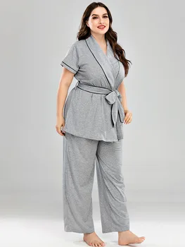 Damas de otoño invierno plus tamaño de pijamas traje de conjunto para las mujeres de gran tamaño de manga corta camisa gris y pantalones casa de desgaste traje 4XL 5XL 6XL 7XL
