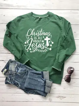 La navidad es jesús sudadera de mujer de moda de algodón puro casual cruz gráfico de la Biblia Cristiana suéter de jersey lindo superior