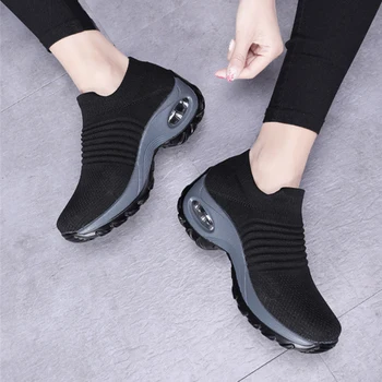 2020 Mujer Running Zapatos Para Caminar Caliente Otoño Nueva Malla Transpirable De Punto De Las Señoras De La Mezcla De Los Colores De Zapatillas De Deporte Suave De La Plataforma De Deslizamiento Sobre Mocasines