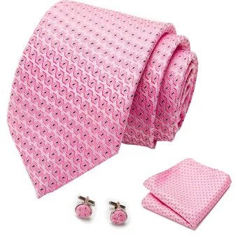 Los hombres de Corbata Seda de color rosa a Cuadros de impresión Jacquard Tejido de la Corbata + Pañuelo + Gemelos Establece formalmente Para el Negocio de la Boda del Partido de gastos de envío Gratis