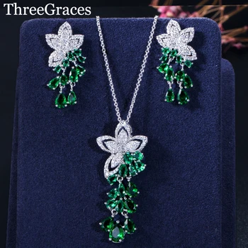 ThreeGraces de la Moda Verde circonita Flor de la Hoja Exquisito Colgante, Collar Cuelgan Aretes de sistema de la Joyería para las Mujeres JS214