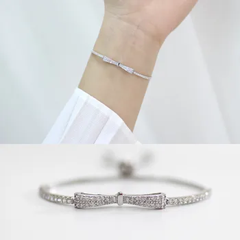 FXLRY Venta Caliente Romántico color Plata Brillante Arco CZ brazaletes de las Pulseras Para las Mujeres Ajustable de Marca de Lujo