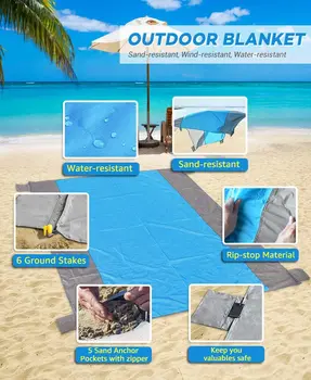 Sandfree Manta de Playa Grande Sandless Colchoneta Playa de 4-7 Adultos Bolsillo Impermeable Manta de Picnic con 6 Apuestas al aire libre Manta