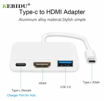 Kebidu de Tipo C, Adaptador Hembra Usb Tipo-C Concentrador Adaptador de 3-en-1 USB hub compatible con HDMI USB3.0 con el Convertidor de Carga