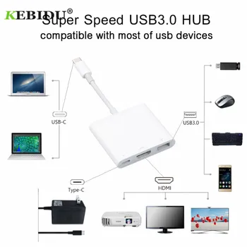 Kebidu de Tipo C, Adaptador Hembra Usb Tipo-C Concentrador Adaptador de 3-en-1 USB hub compatible con HDMI USB3.0 con el Convertidor de Carga