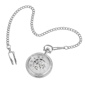 Plata Elegante Sin Tapa Números Romanos Dial Mecánico Automático Reloj De Bolsillo Práctico Collar Con Colgante De Hombre Mujer Regalo