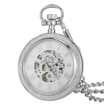 Plata Elegante Sin Tapa Números Romanos Dial Mecánico Automático Reloj De Bolsillo Práctico Collar Con Colgante De Hombre Mujer Regalo