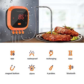 Inkbird Impermeable IBT-4XC Naranja Inalámbrica Bluetooth BARBACOA Termómetro Digital de 4 Sondas de Cocinar la Carne de los Alimentos del Horno de barbacoa Termómetro