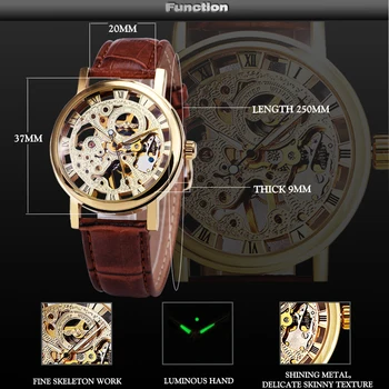 El GANADOR Oficial de la Moda Clásico Reloj de los Hombres Mecánicos Relojes Esqueleto Dial Correa de Cuero Números Romanos Negro relogio masculino